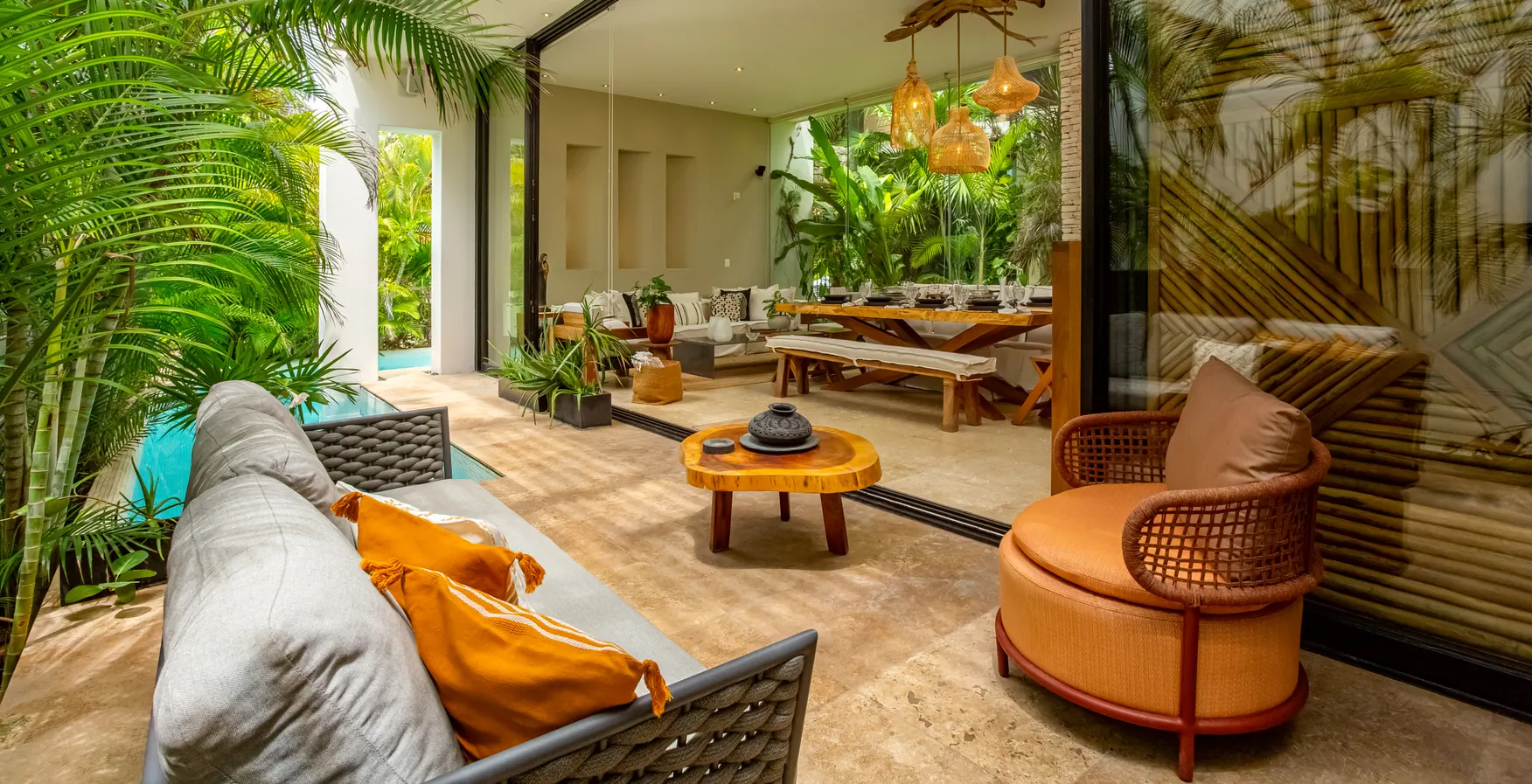 A shaded lounge terrace at Casa de las Estrellas