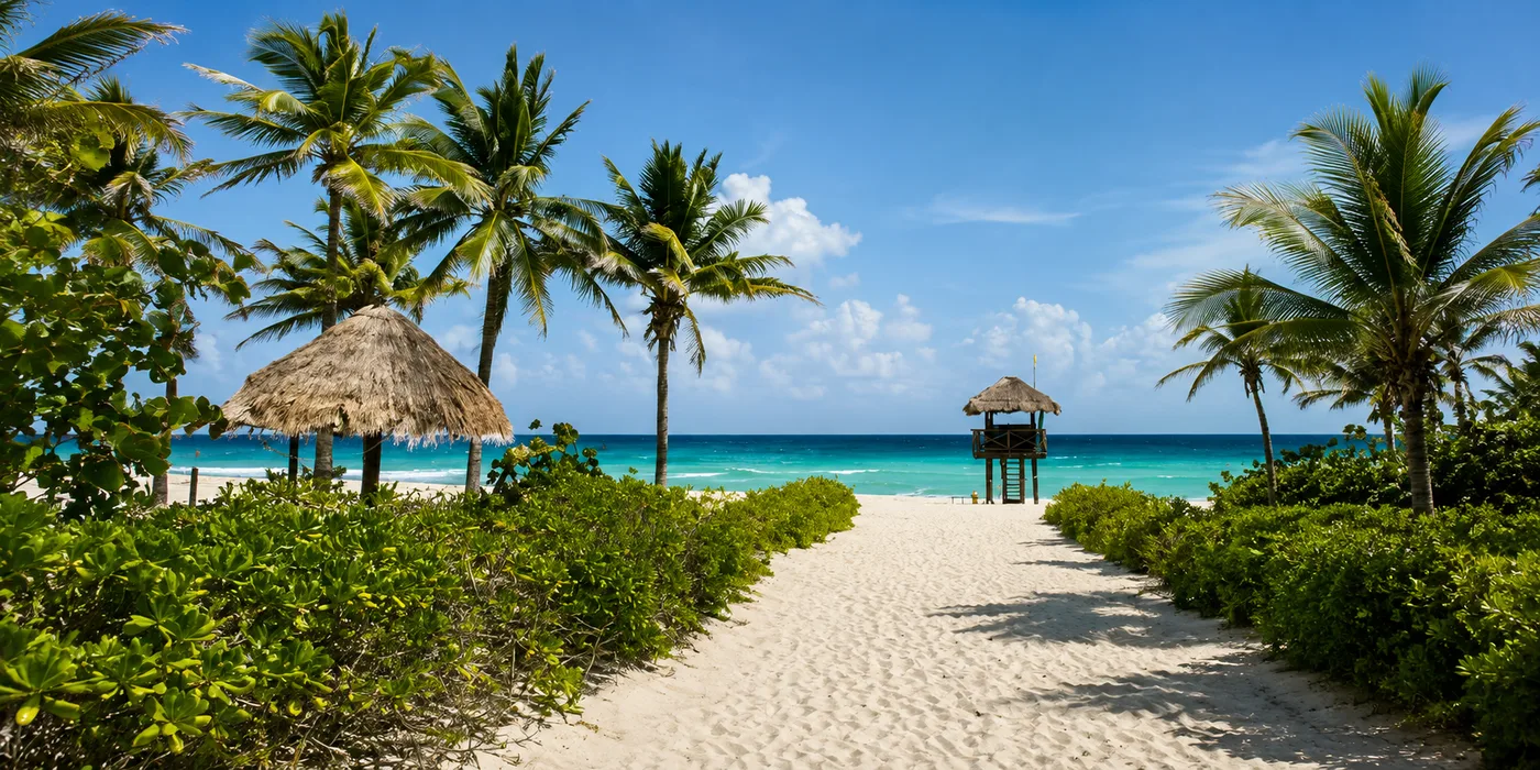 Palms leaning over white sand on the Riviera Maya
